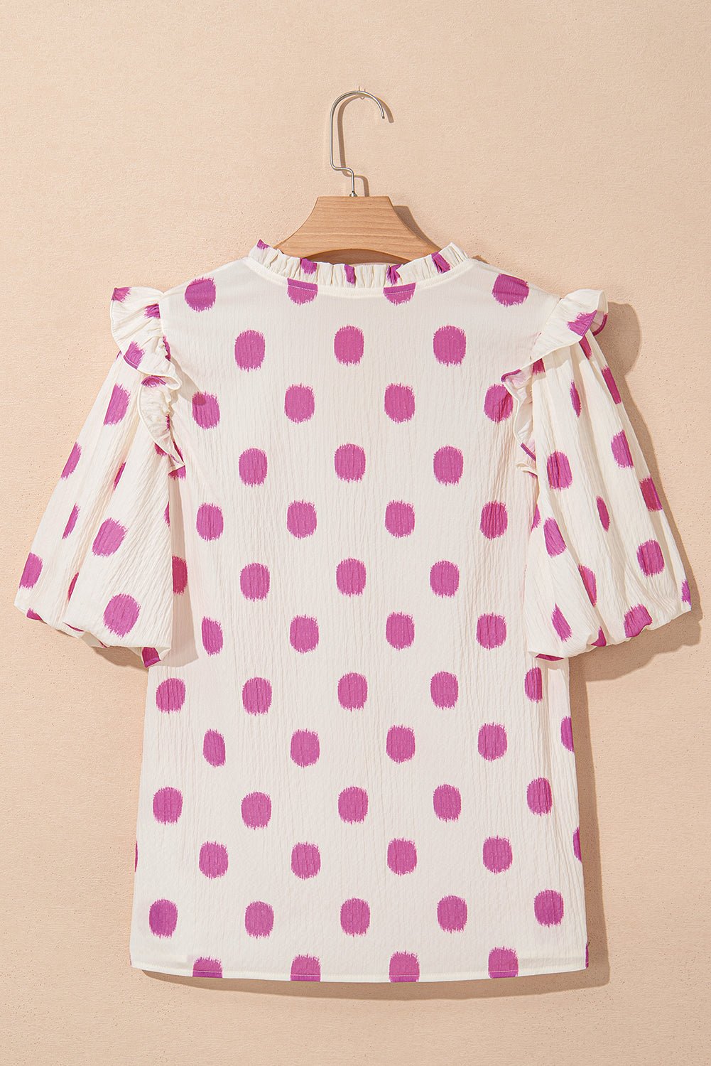 Apricot Polka Dot Print Smocked Notched Neck Balloon Sleeve Blouse - MAD RUFFI
