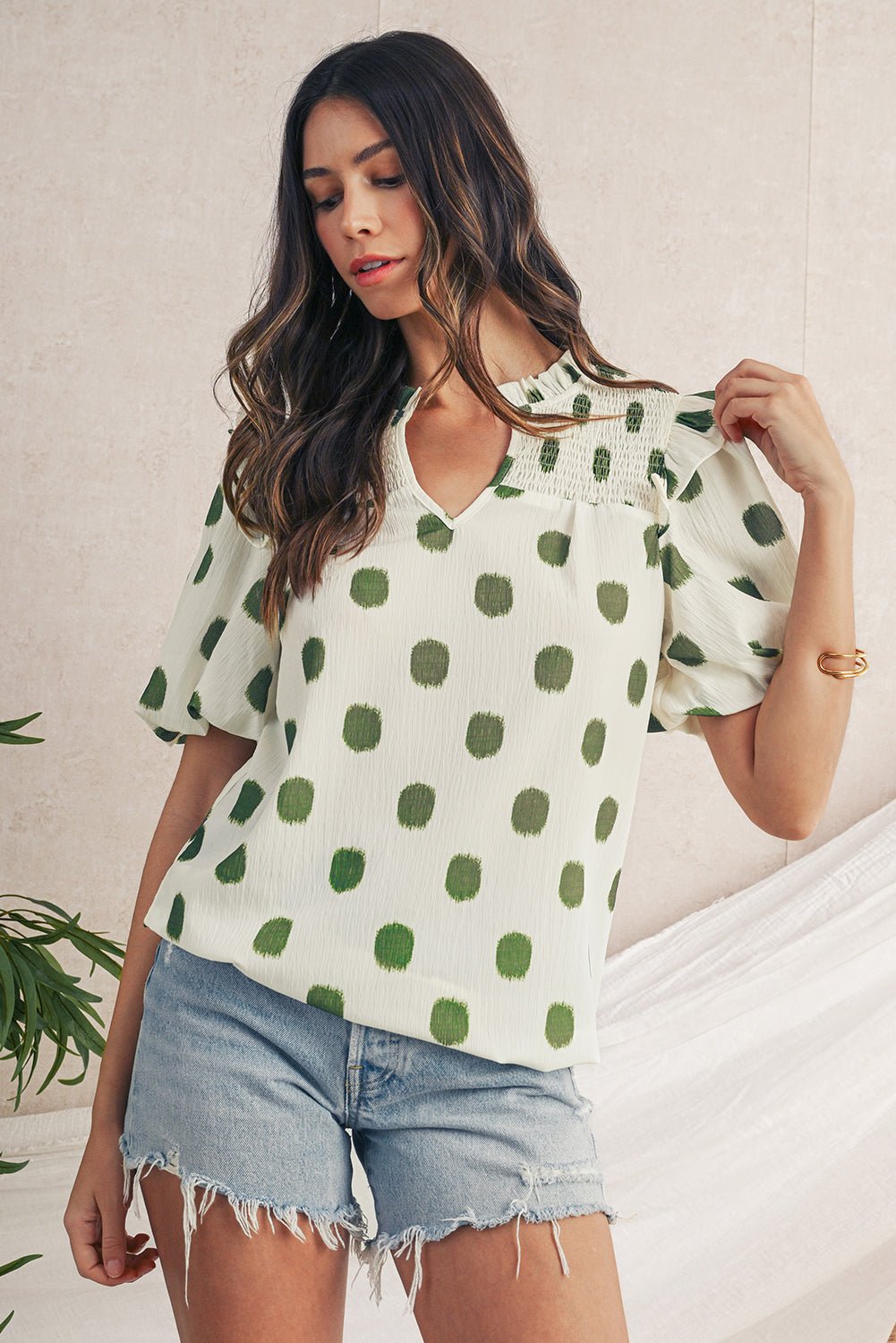 Apricot Polka Dot Print Smocked Notched Neck Balloon Sleeve Blouse - MAD RUFFI