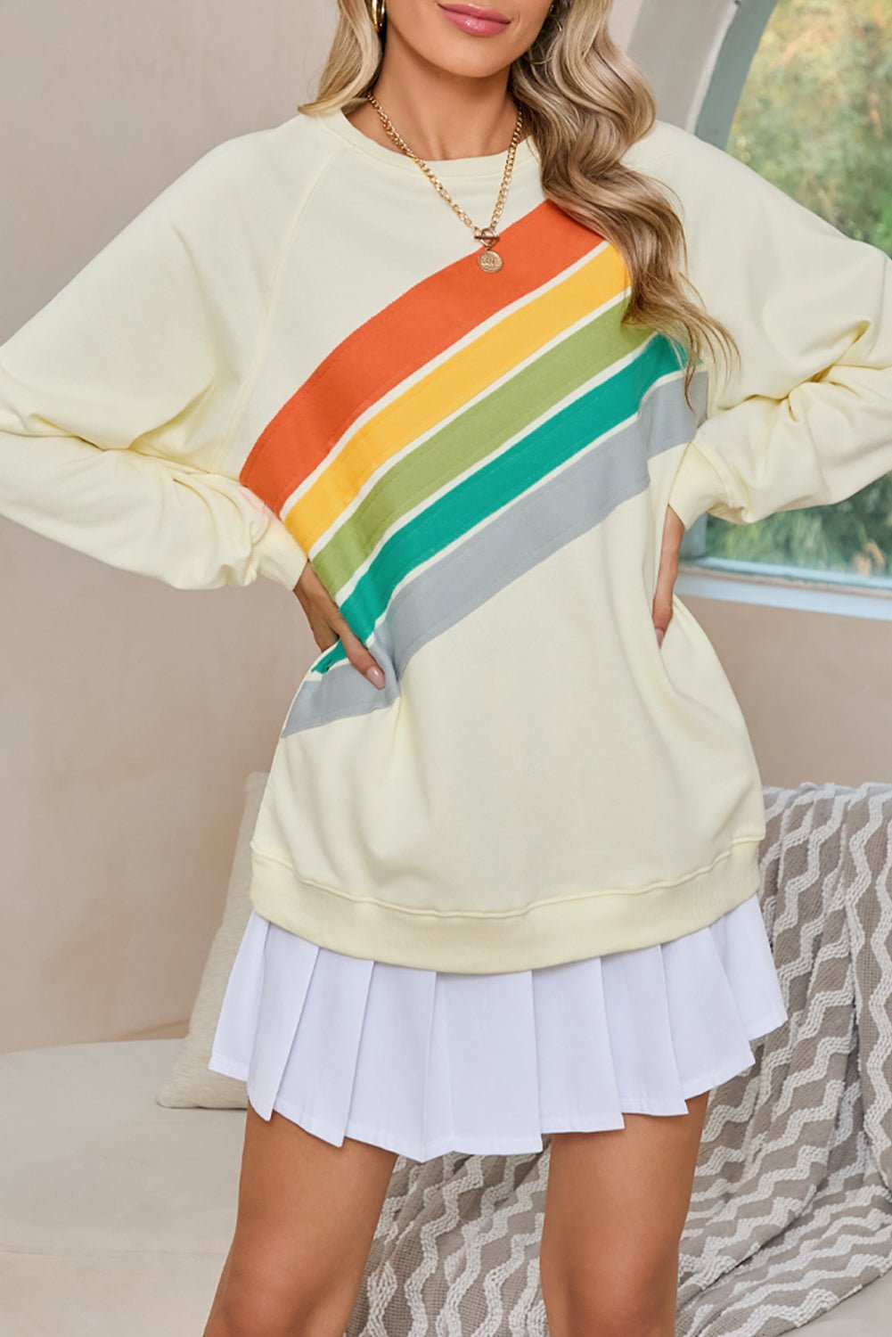 Apricot Rainbow Colorblock Pullover Sweatshirt - MAD RUFFI