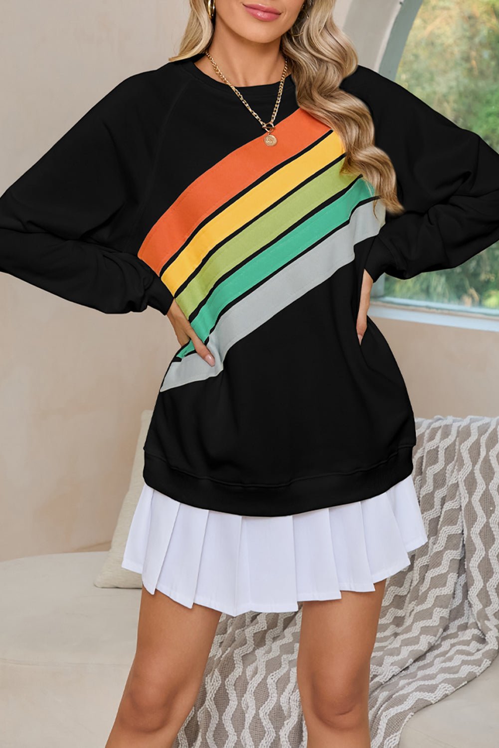 Apricot Rainbow Colorblock Pullover Sweatshirt - MAD RUFFI
