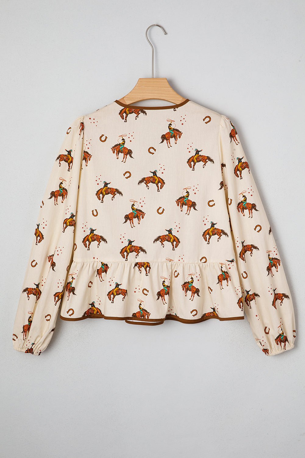 Apricot Rodeo Print Tied Front Puff Sleeve Peplum Top - MAD RUFFI