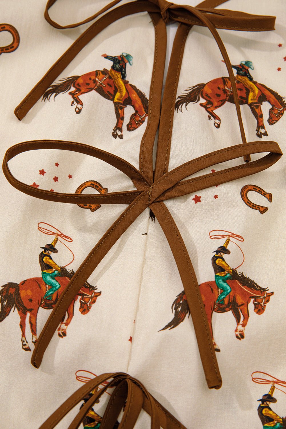 Apricot Rodeo Print Tied Front Puff Sleeve Peplum Top - MAD RUFFI