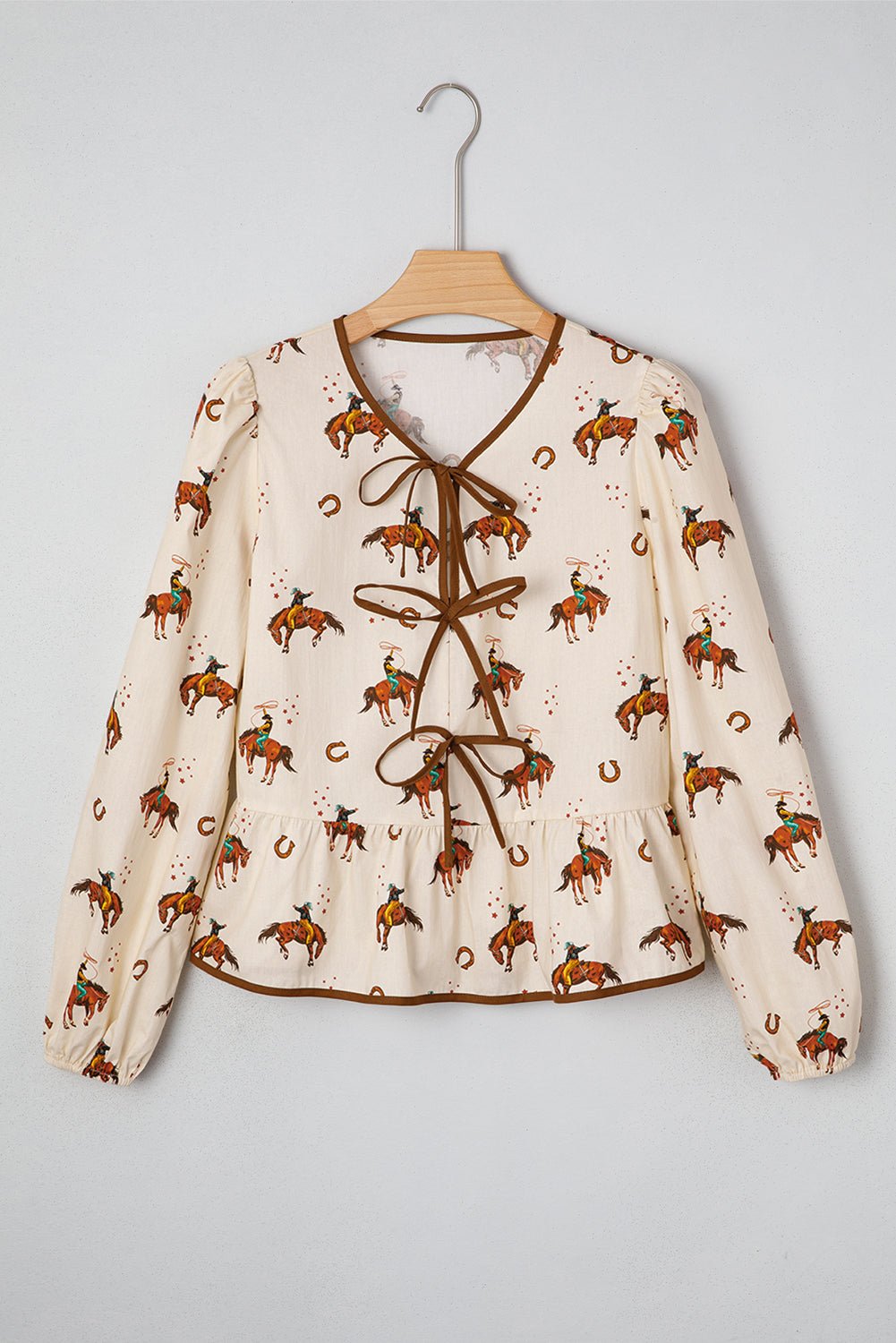 Apricot Rodeo Print Tied Front Puff Sleeve Peplum Top - MAD RUFFI