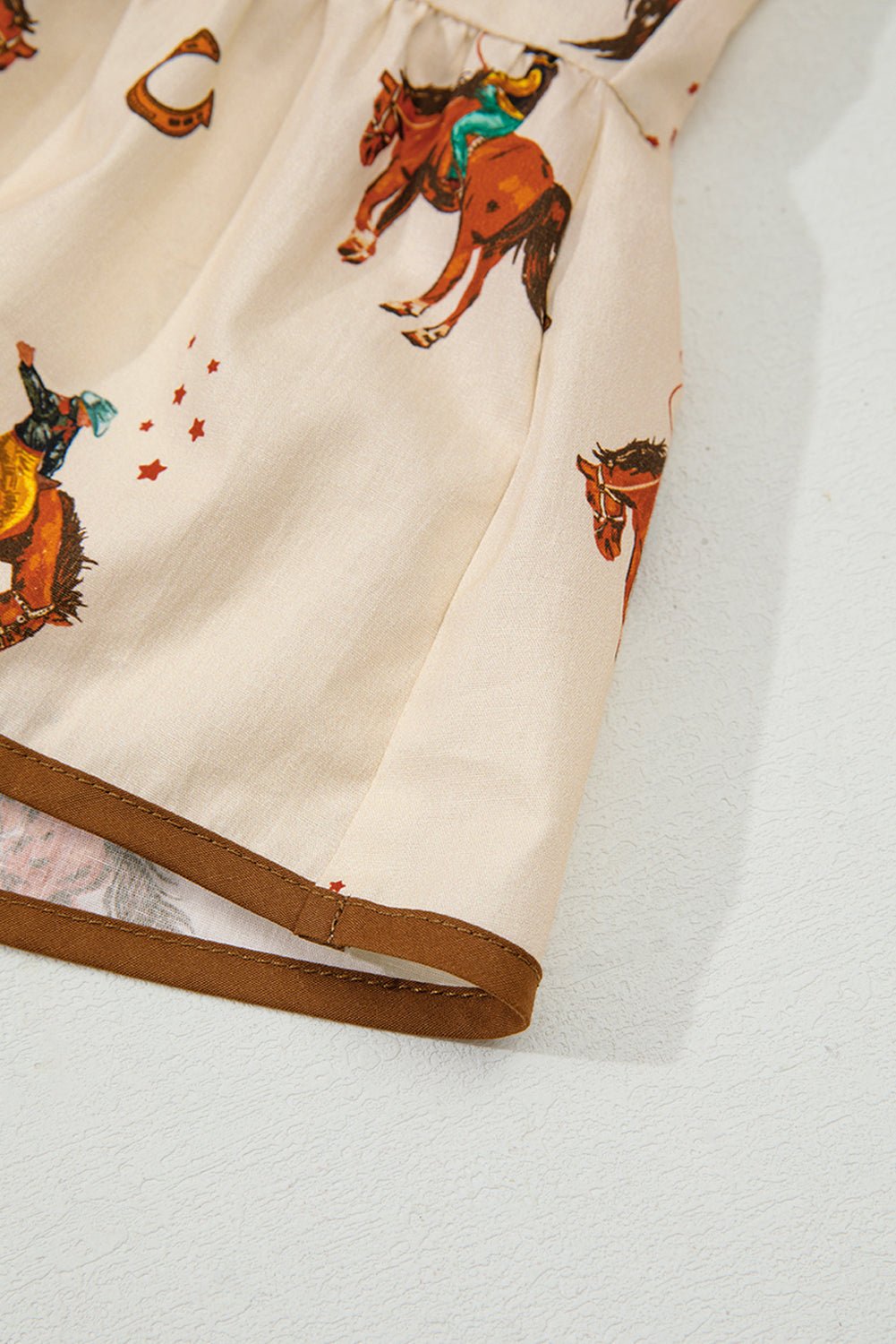 Apricot Rodeo Print Tied Front Puff Sleeve Peplum Top - MAD RUFFI