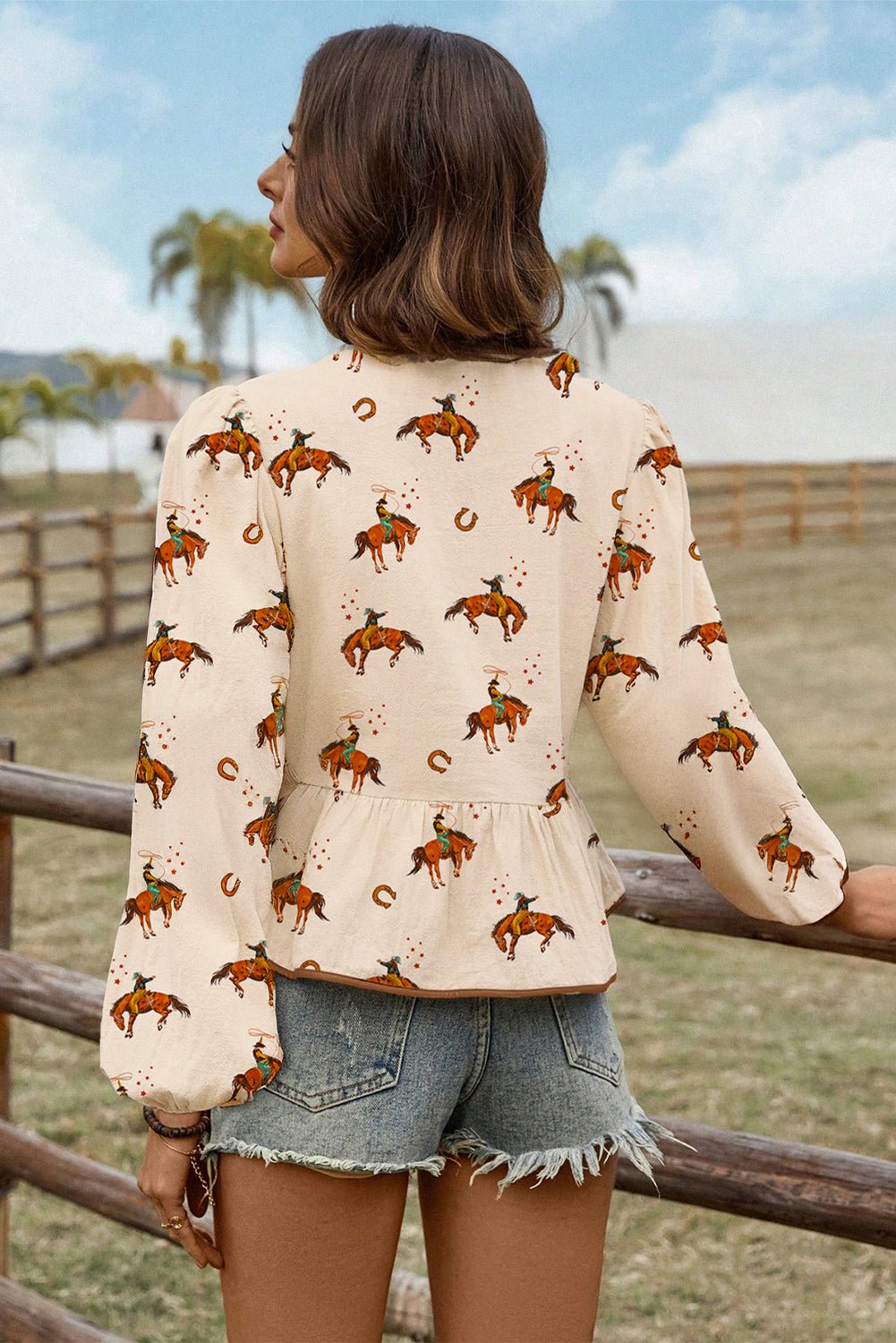 Apricot Rodeo Print Tied Front Puff Sleeve Peplum Top - MAD RUFFI