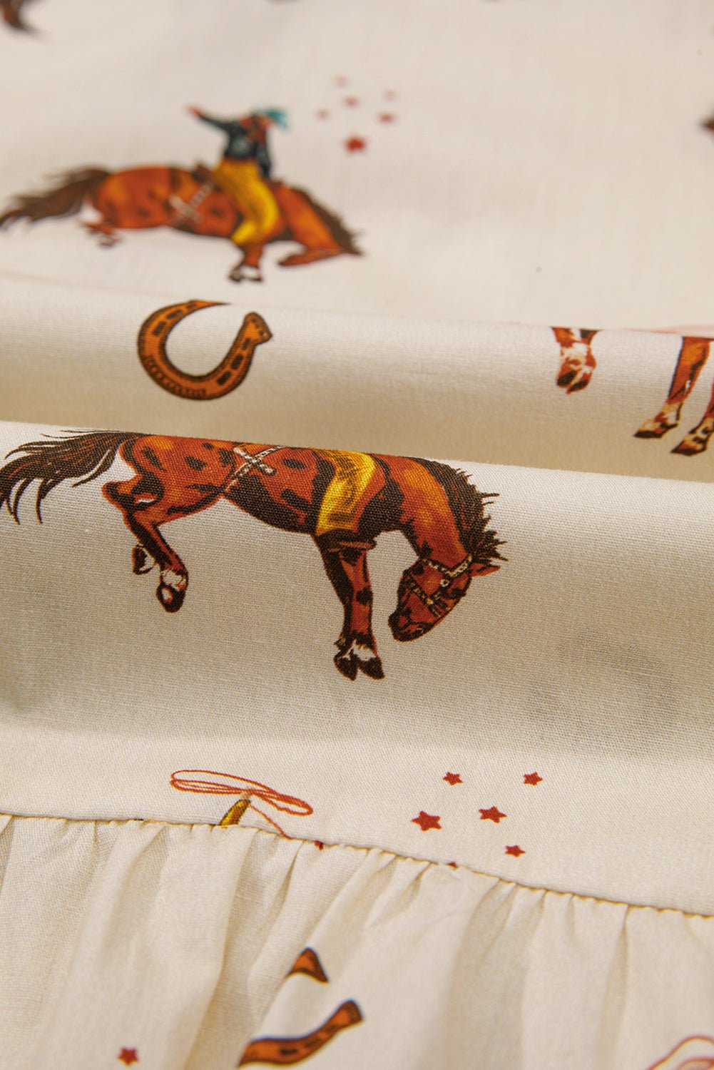 Apricot Rodeo Print Tied Front Puff Sleeve Peplum Top - MAD RUFFI