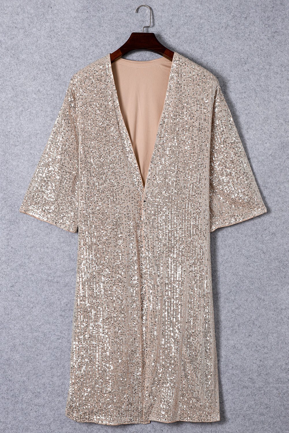 Apricot Sequin 3/4 Sleeve Open Front Duster Cardigan - MAD RUFFI