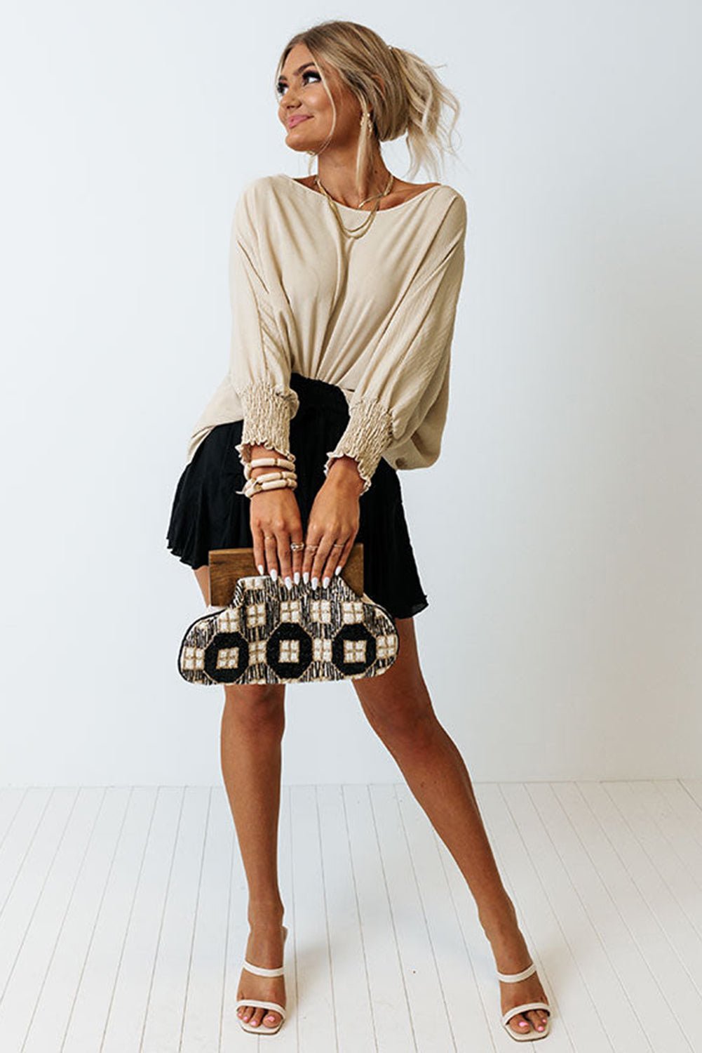 Apricot Solid Casual Smocked Cuffs Batwing Sleeve Blouse - MAD RUFFI