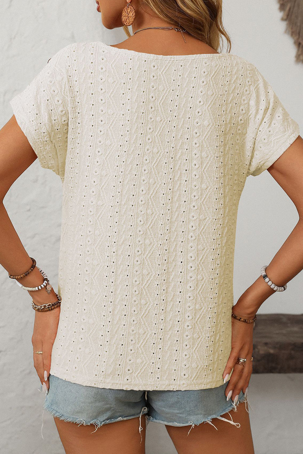 Apricot Solid Color Eyelet Button Short Sleeve Top - MAD RUFFI