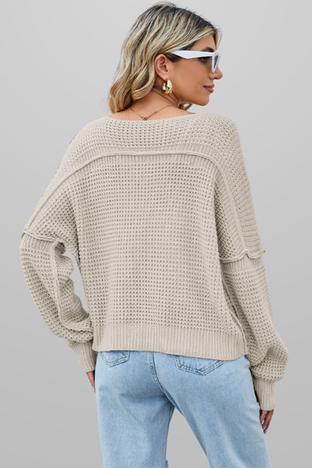 Apricot Solid Color Waffle Knit V Neck Sweater - MAD RUFFI