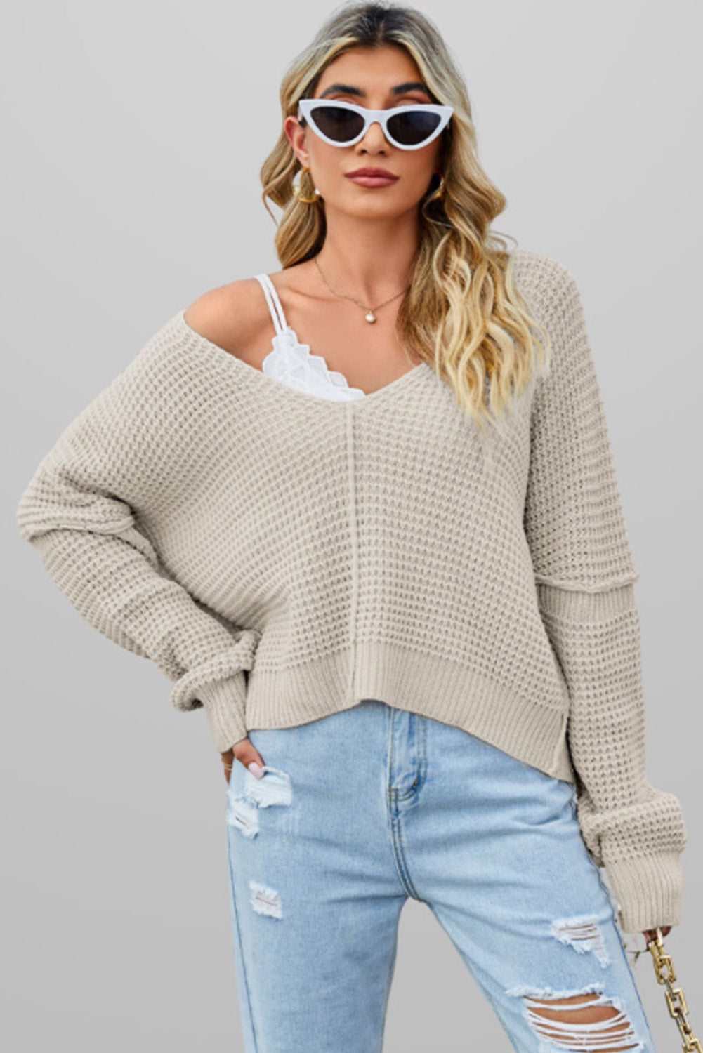 Apricot Solid Color Waffle Knit V Neck Sweater - MAD RUFFI