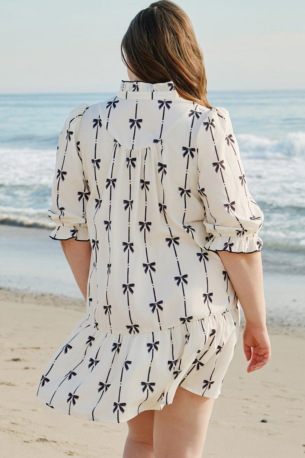 Apricot Striped Bow Print Puff Sleeve Ruffle Plus Size Mini Dress - MAD RUFFI