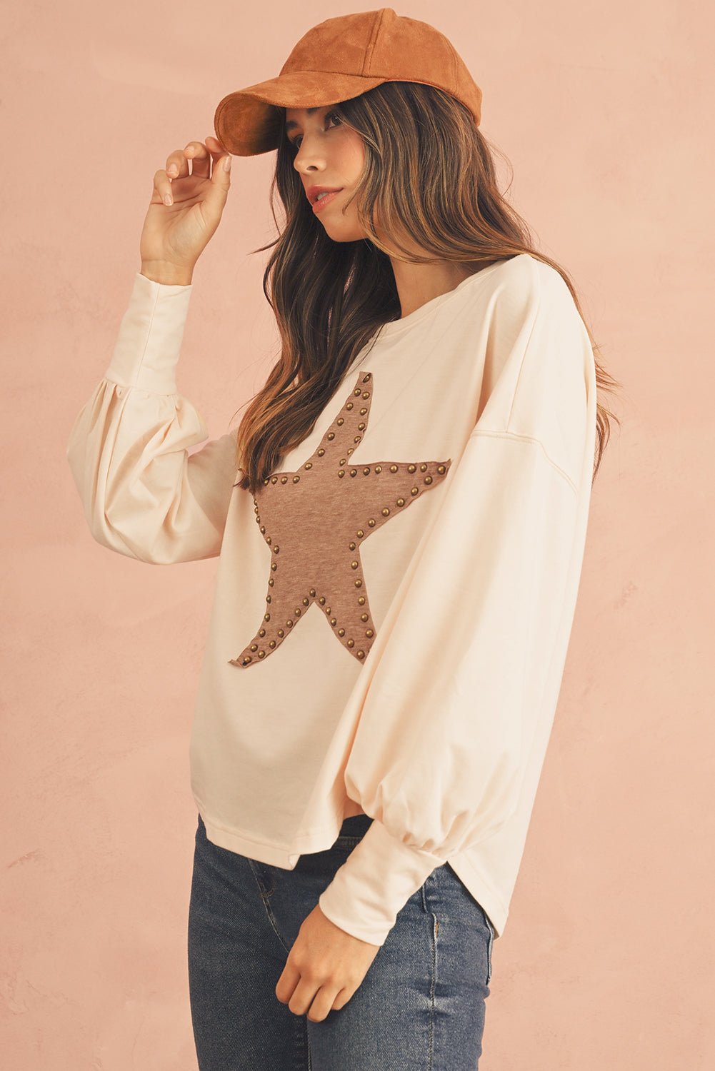 Apricot Studded Star Graphic Oversized Top - MAD RUFFI