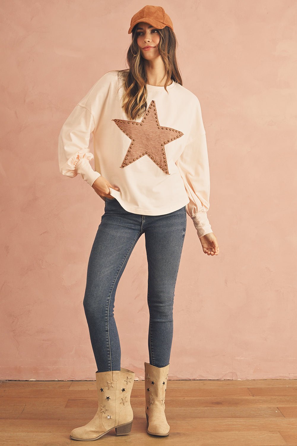 Apricot Studded Star Graphic Oversized Top - MAD RUFFI