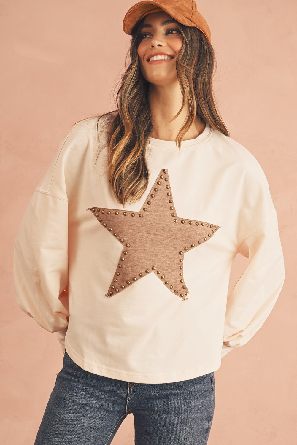 Apricot Studded Star Graphic Oversized Top - MAD RUFFI