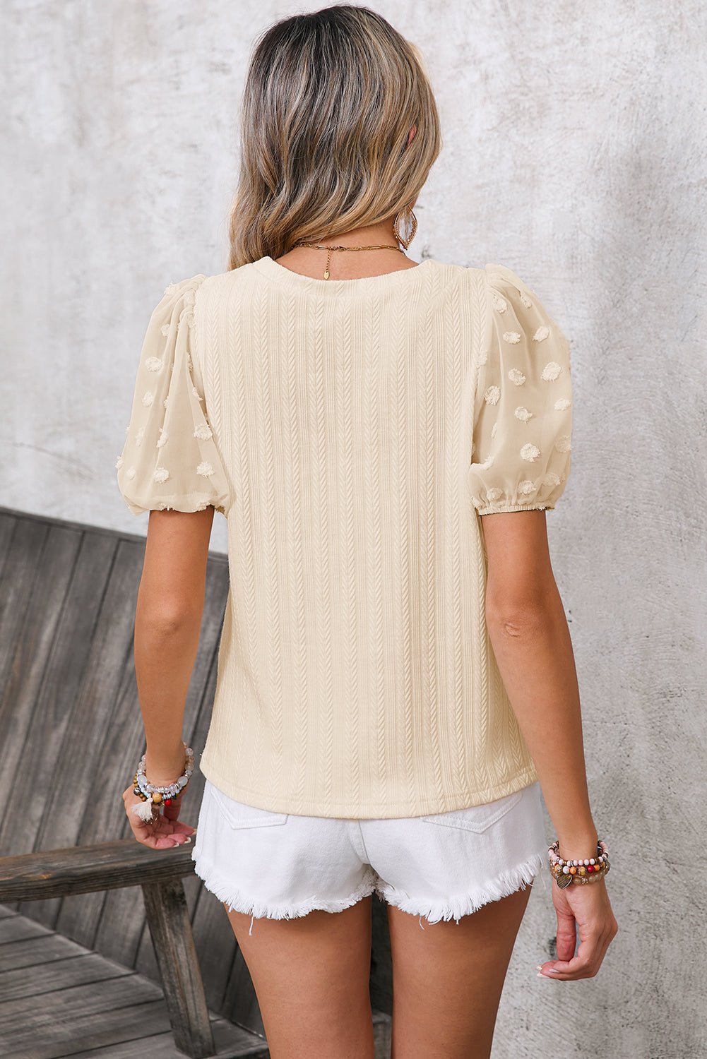 Apricot Swiss Dot Mesh Puff Sleeve Textured Top - MAD RUFFI