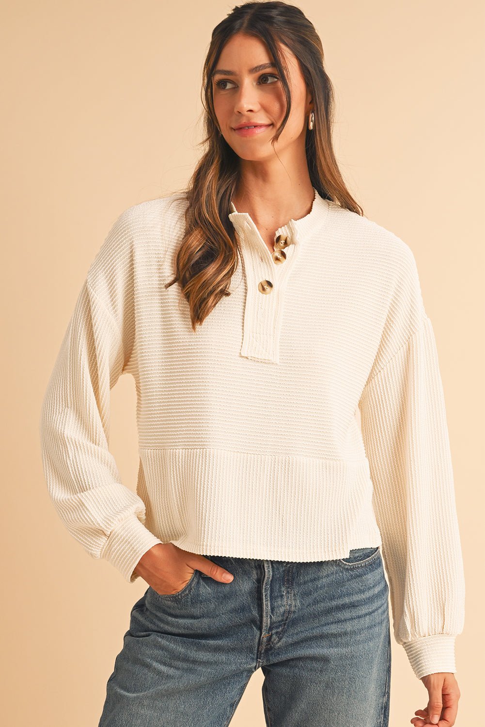 Apricot Textured Lantern Sleeve Henley Top - MAD RUFFI