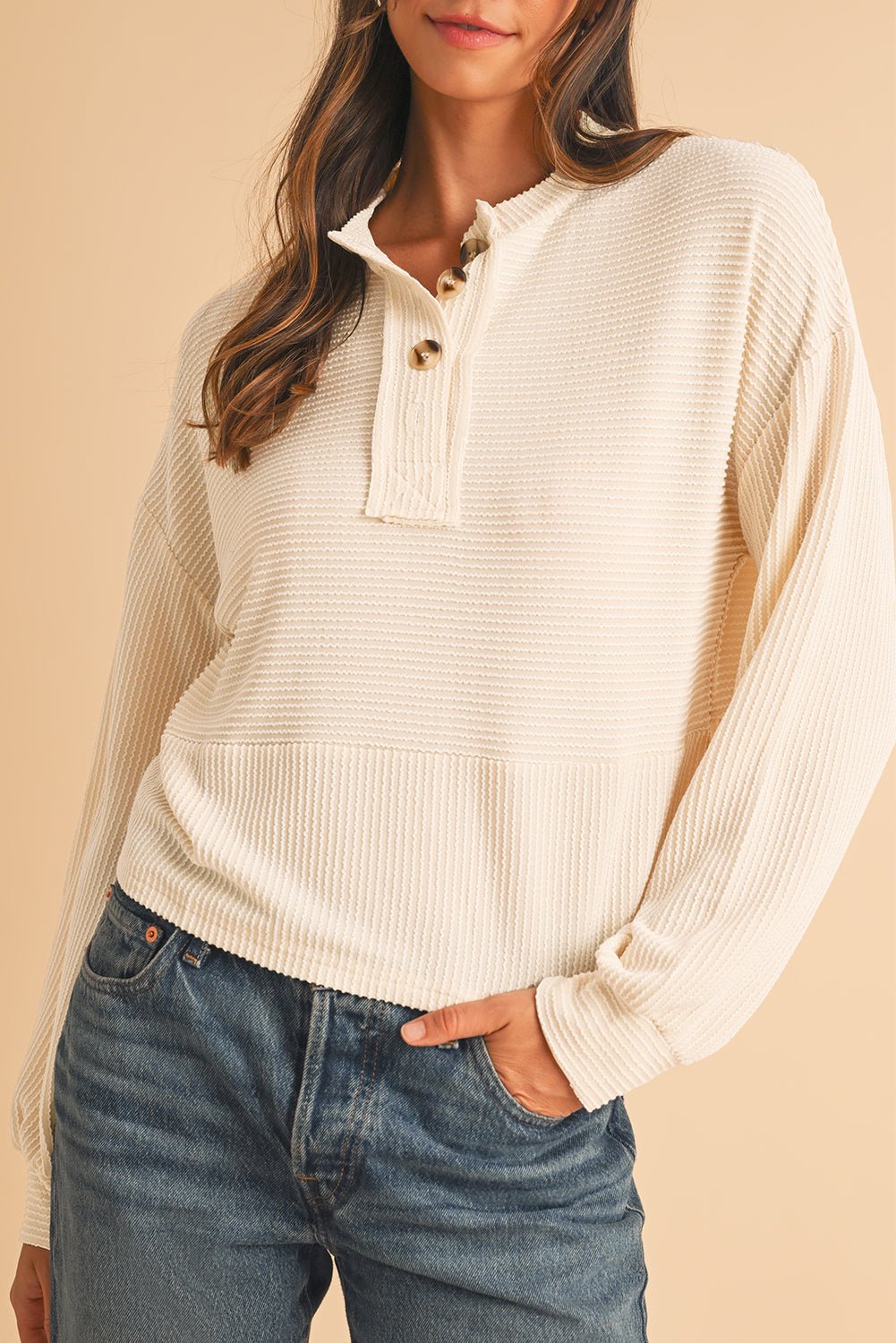 Apricot Textured Lantern Sleeve Henley Top - MAD RUFFI