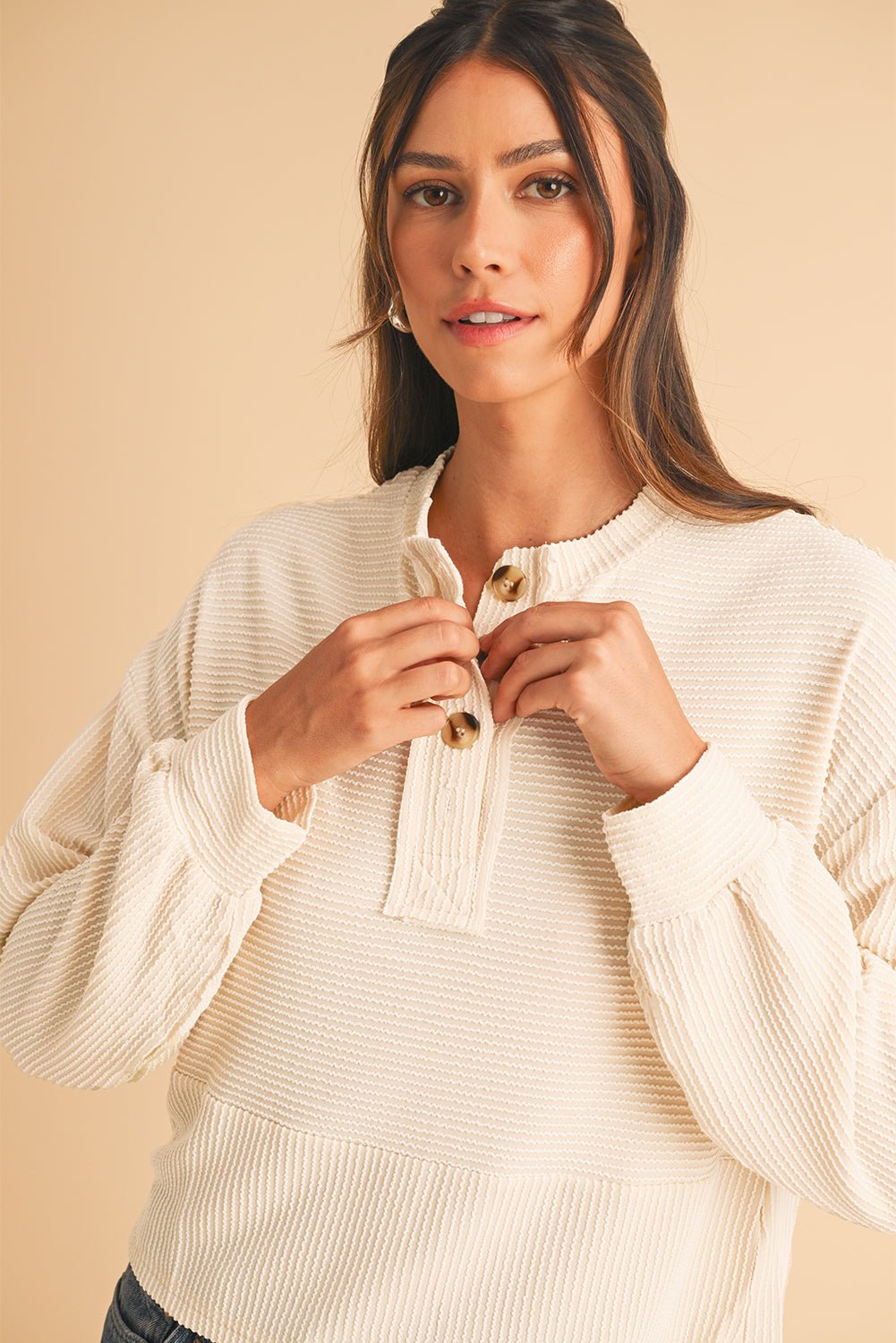 Apricot Textured Lantern Sleeve Henley Top - MAD RUFFI