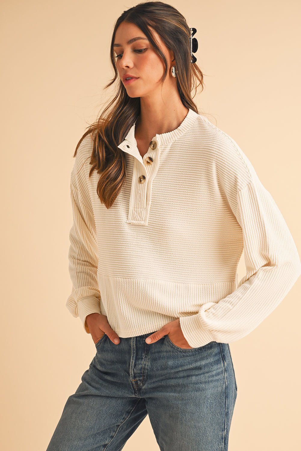 Apricot Textured Lantern Sleeve Henley Top - MAD RUFFI