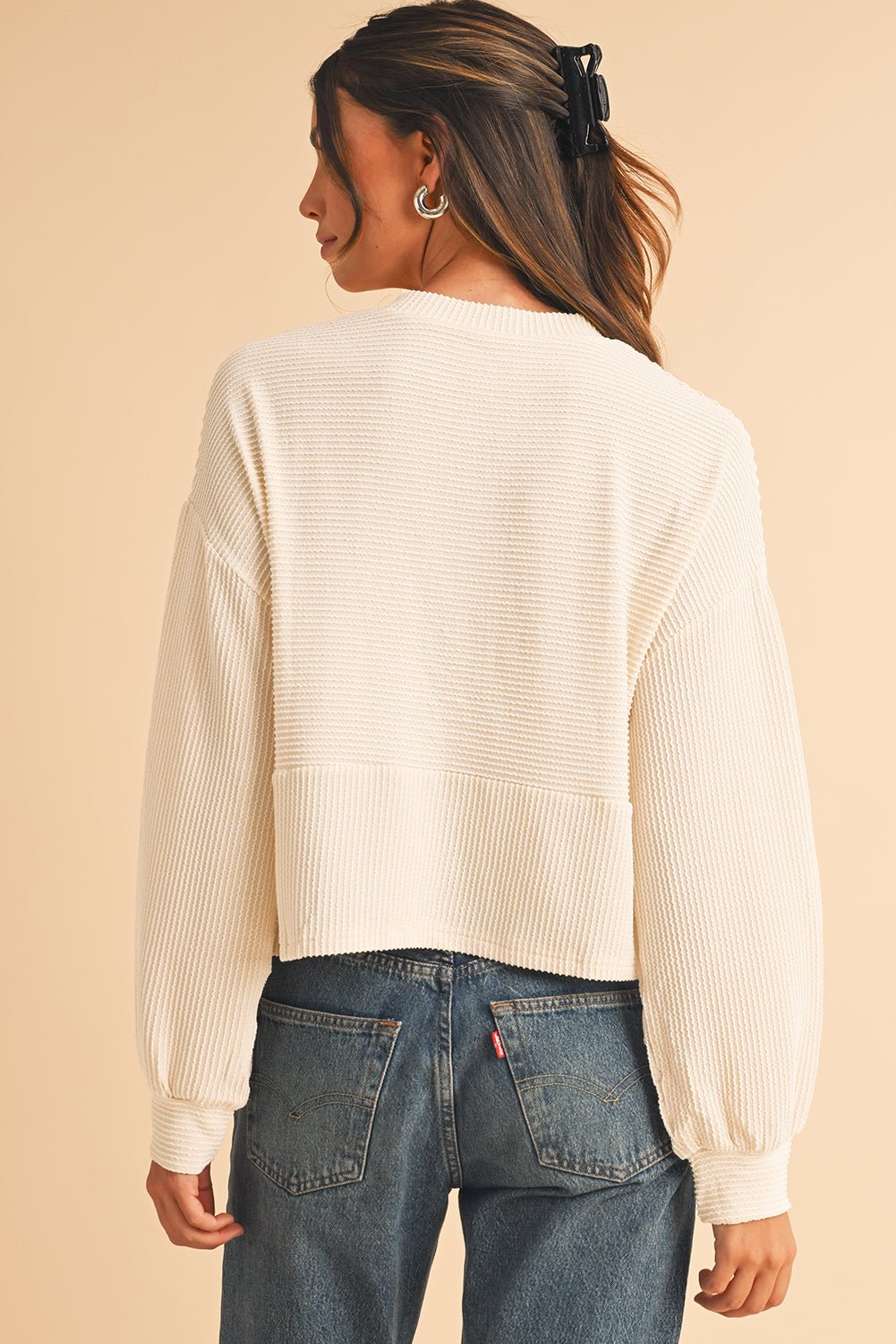 Apricot Textured Lantern Sleeve Henley Top - MAD RUFFI