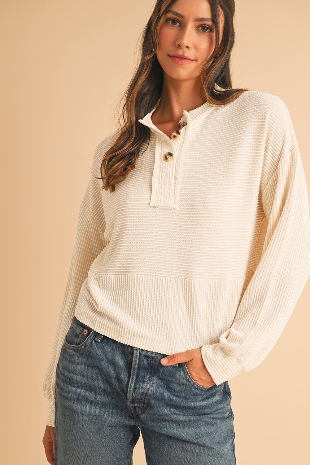 Apricot Textured Lantern Sleeve Henley Top - MAD RUFFI