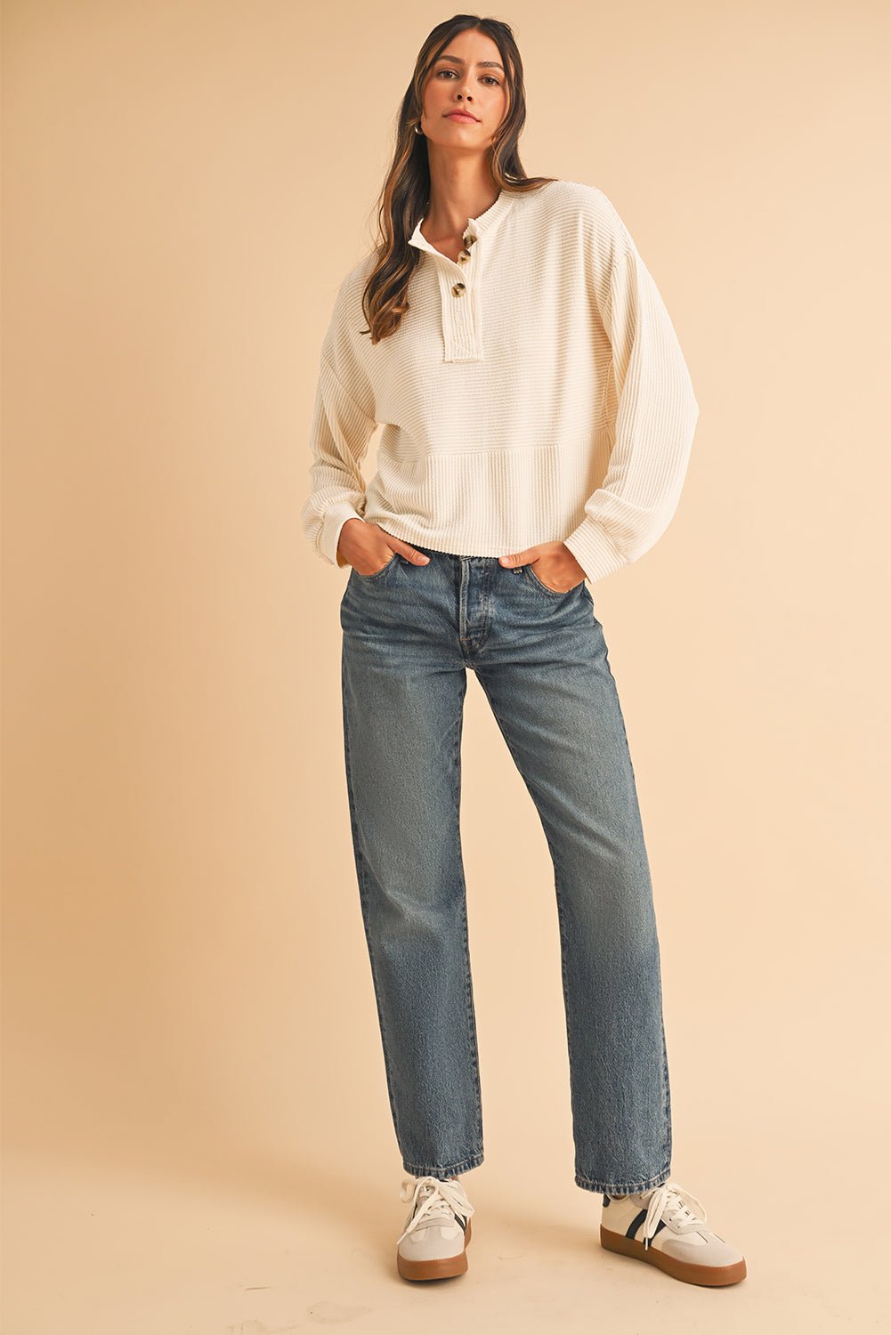 Apricot Textured Lantern Sleeve Henley Top - MAD RUFFI