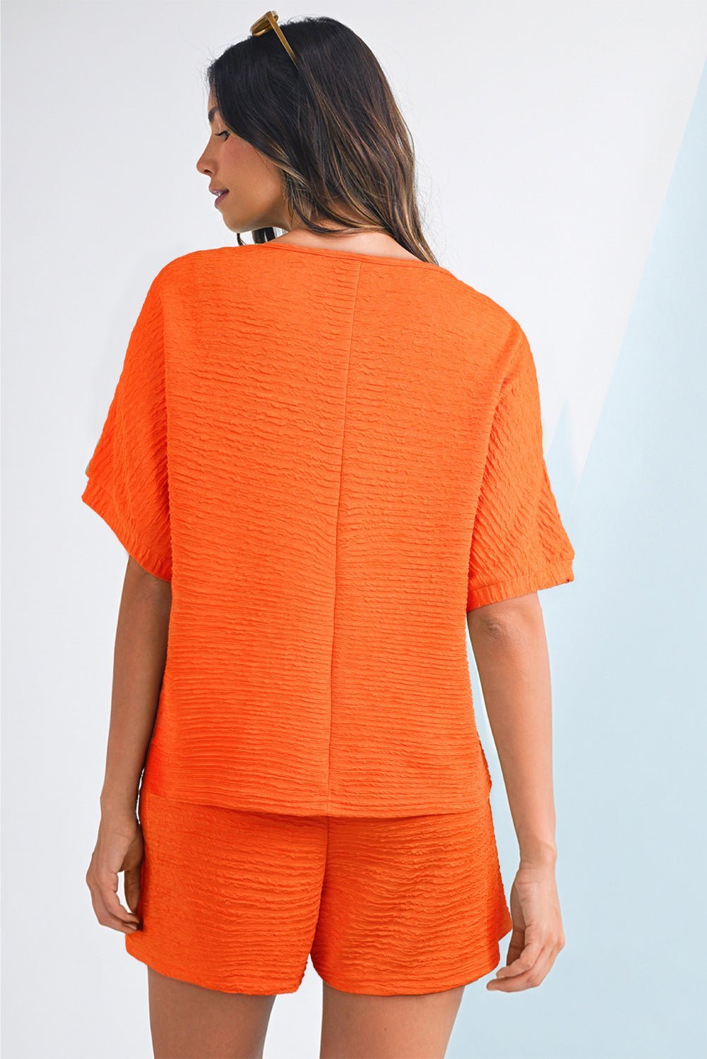 Apricot Textured V Neck T Shirt and Shorts Set - MAD RUFFI