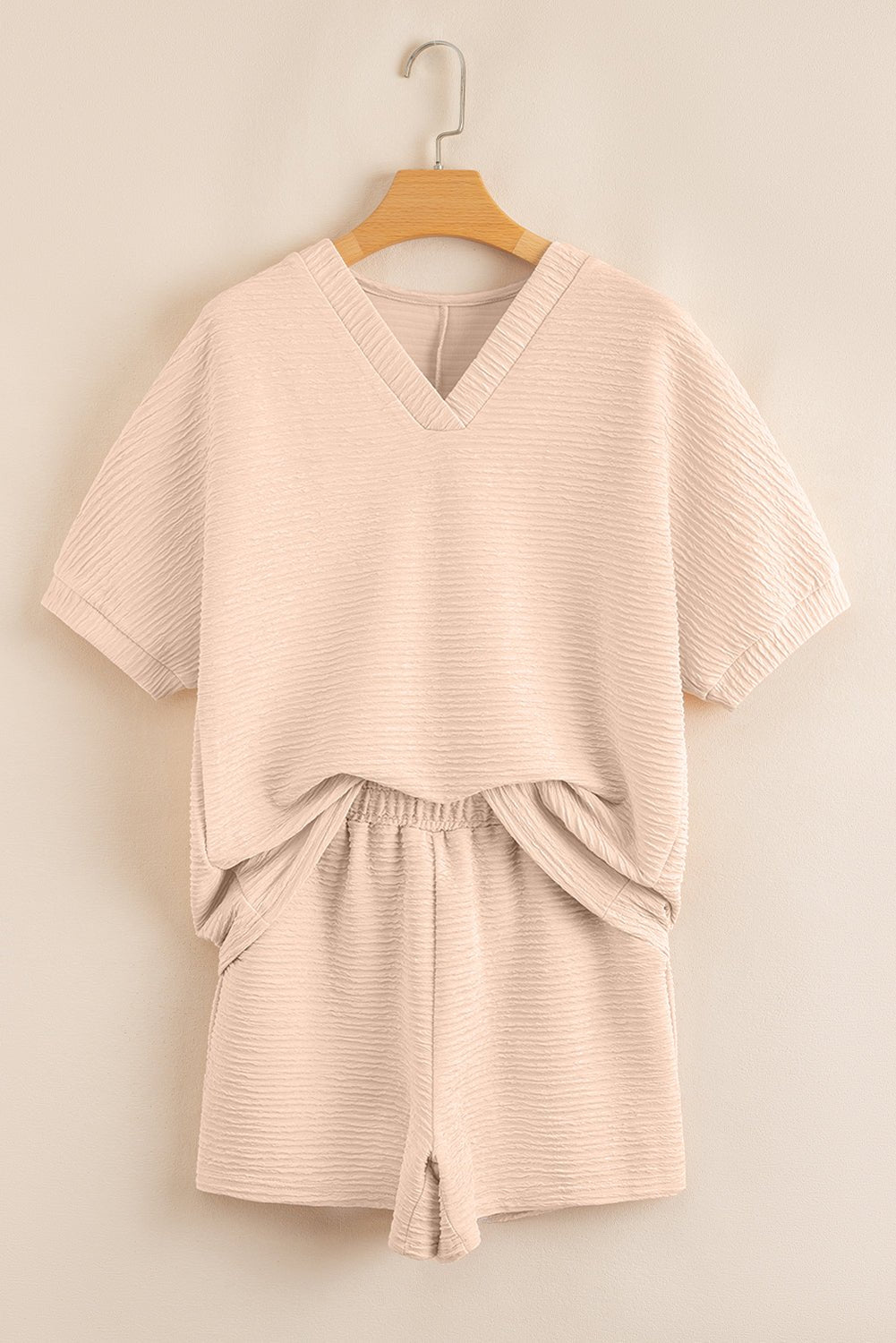 Apricot Textured V Neck T Shirt and Shorts Set - MAD RUFFI