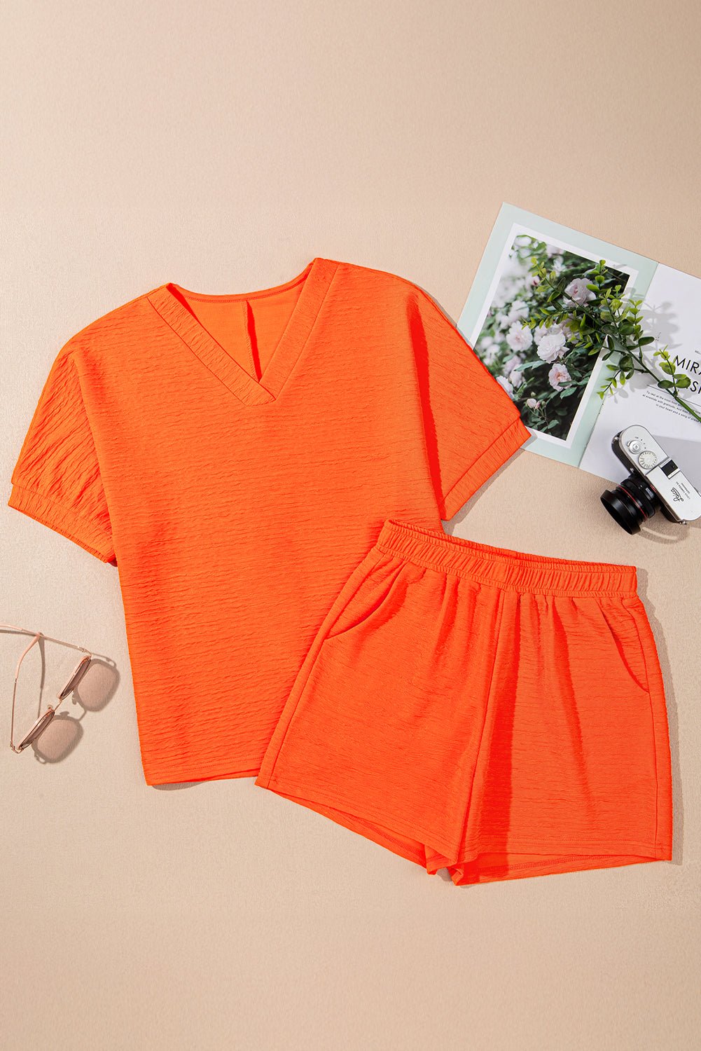 Apricot Textured V Neck T Shirt and Shorts Set - MAD RUFFI