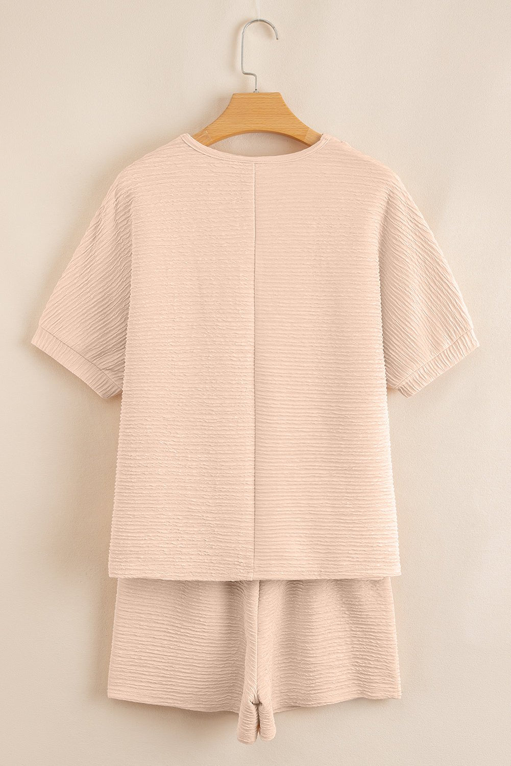 Apricot Textured V Neck T Shirt and Shorts Set - MAD RUFFI
