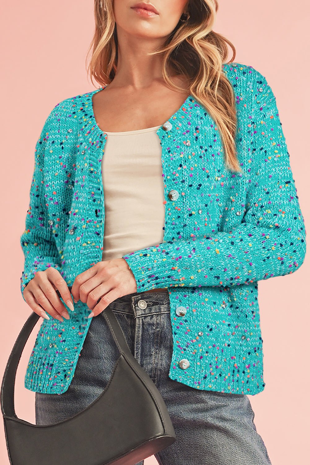 Aruba Blue Confetti Knit Button Cardigan - MAD RUFFI