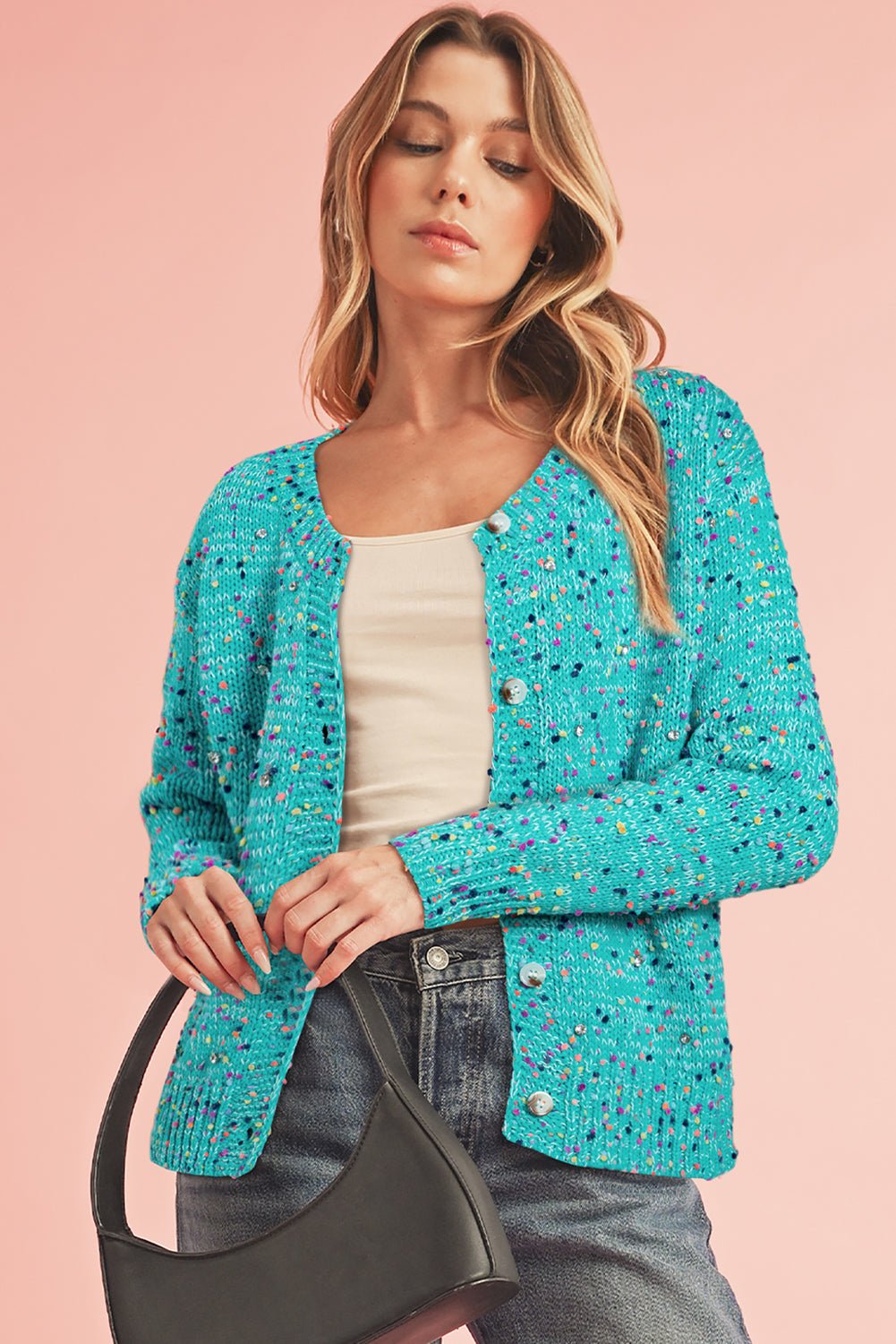 Aruba Blue Confetti Knit Button Cardigan - MAD RUFFI