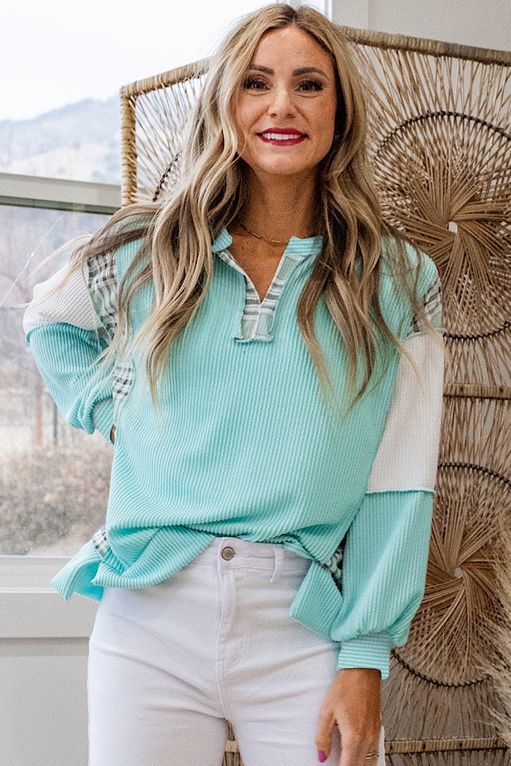 Aruba Blue Corded Texture Plaid Patchwork Split Neck Long Sleeve Top - MAD RUFFI