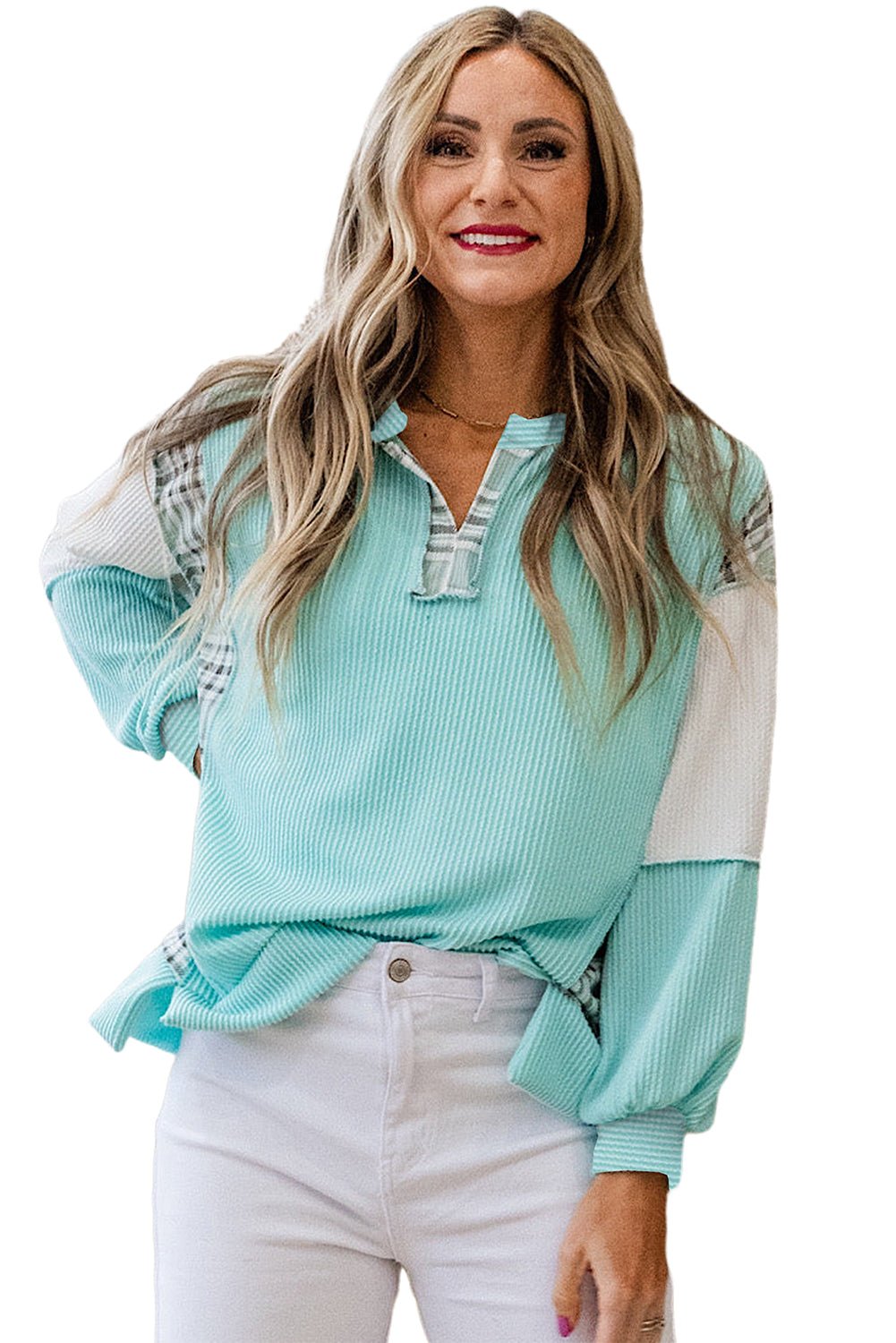 Aruba Blue Corded Texture Plaid Patchwork Split Neck Long Sleeve Top - MAD RUFFI