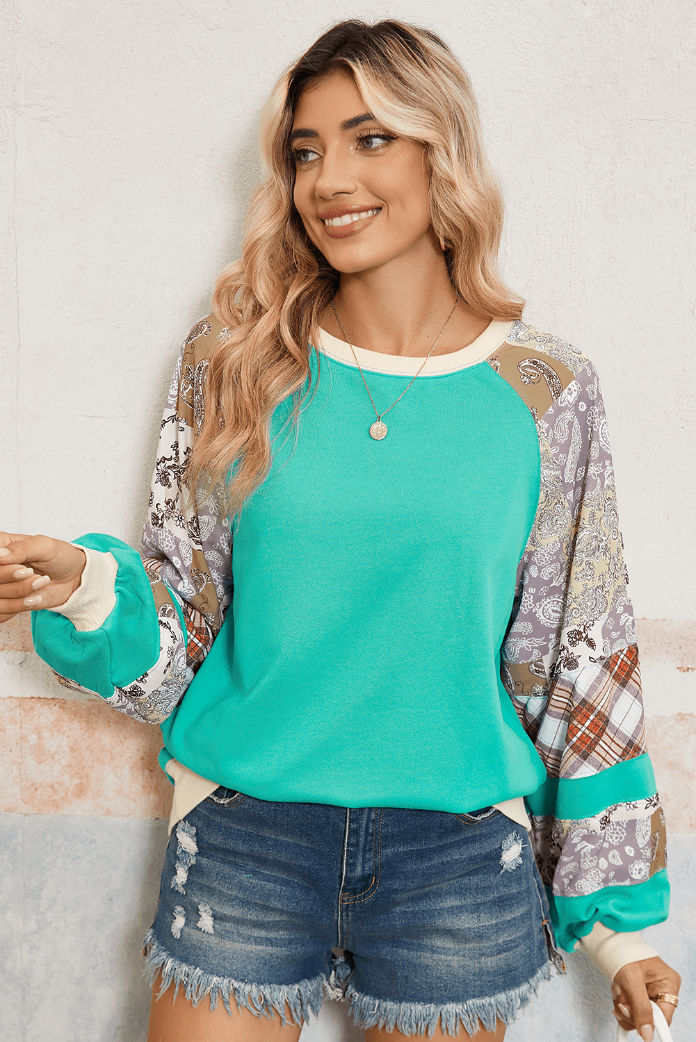 Aruba Blue Plaid Paisley Patchwork Long Sleeve Top - MAD RUFFI