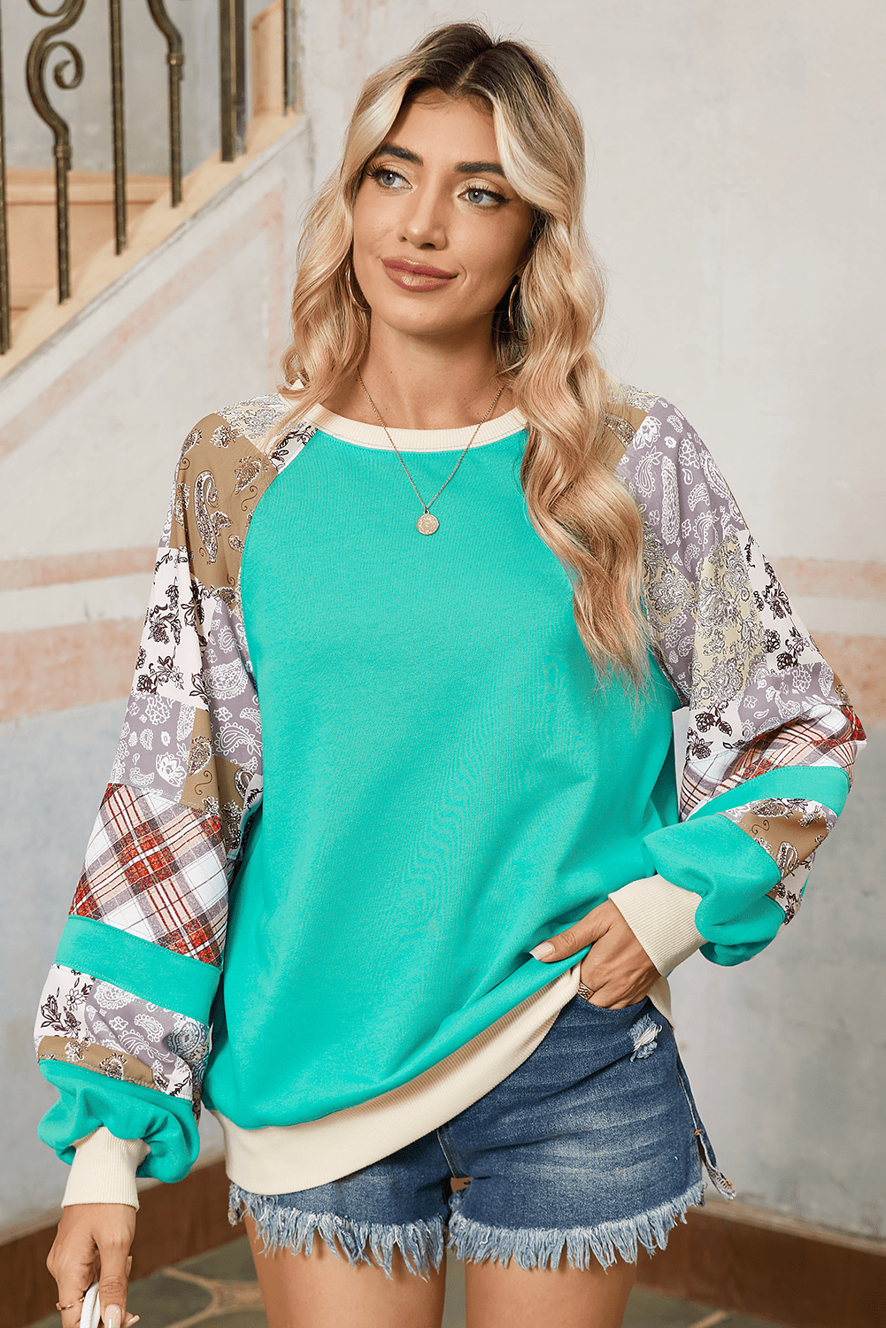 Aruba Blue Plaid Paisley Patchwork Long Sleeve Top - MAD RUFFI