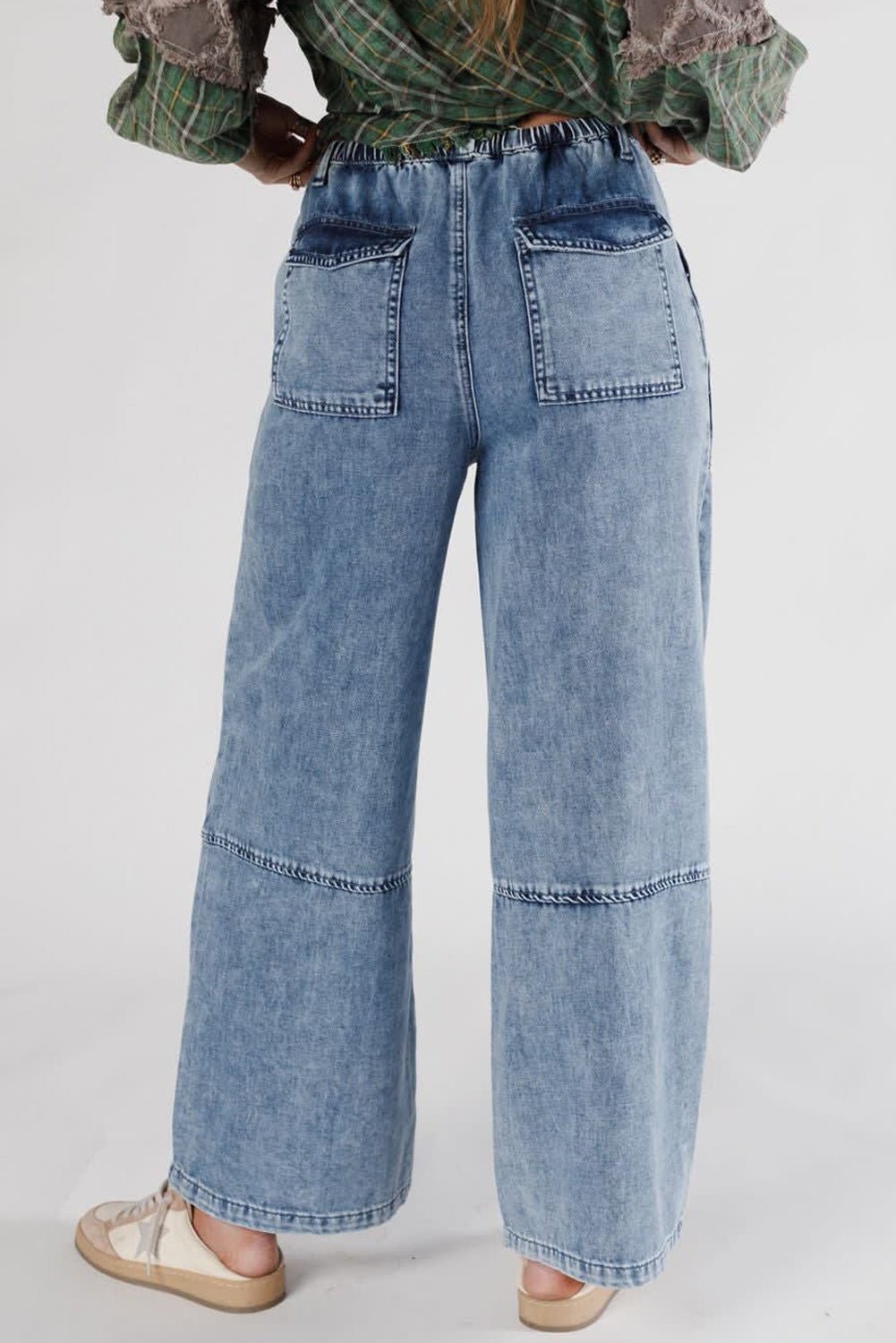Ashleigh Blue Acid Wash Exposed Seam Drawstring High Waist Jeans - MAD RUFFI