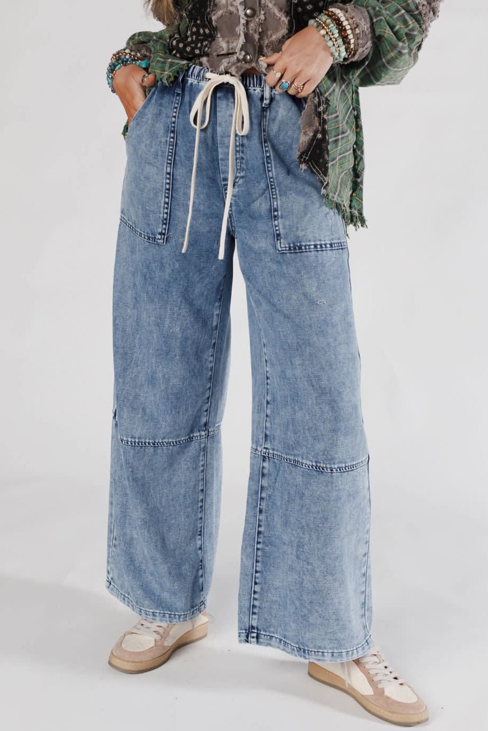 Ashleigh Blue Acid Wash Exposed Seam Drawstring High Waist Jeans - MAD RUFFI