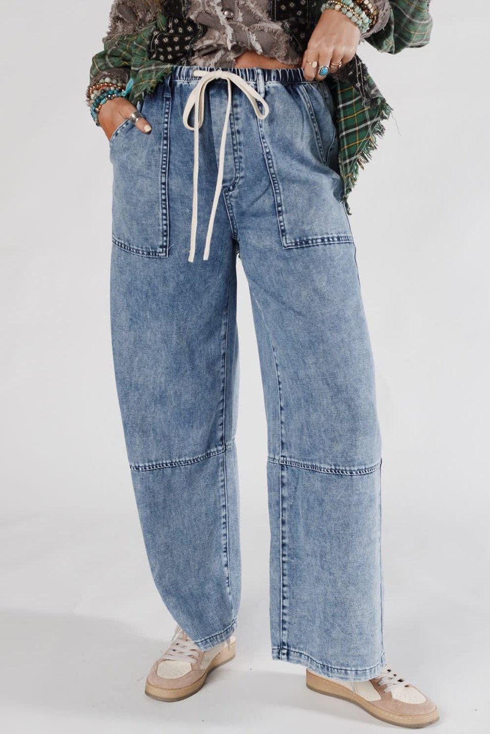 Ashleigh Blue Acid Wash Exposed Seam Drawstring High Waist Jeans - MAD RUFFI
