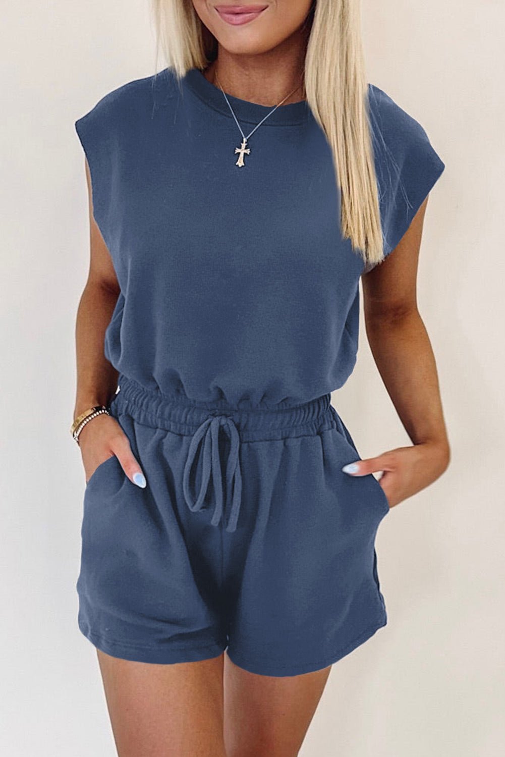 Ashleigh Blue Backless Drawstring Waist Romper - MAD RUFFI
