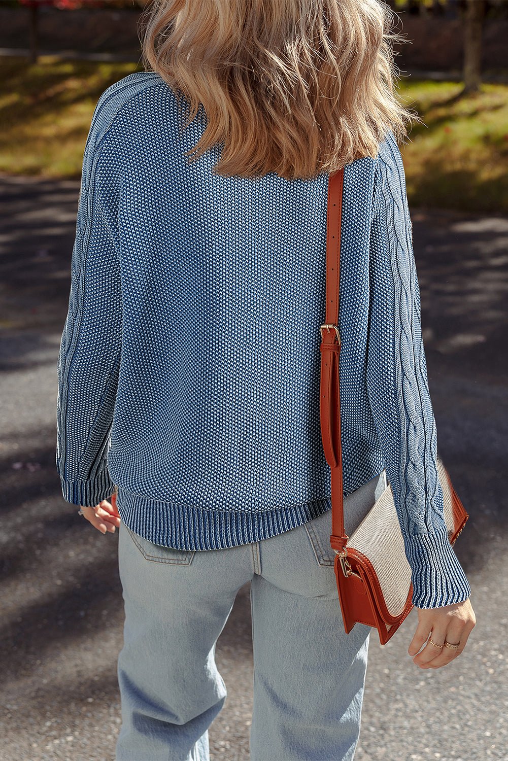 Ashleigh Blue Cable Knit Raglan Sleeve Casual Sweater - MAD RUFFI