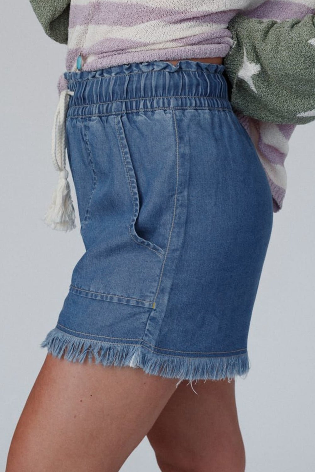 ashleigh blue raw hem drawstring high waist denim shorts - MAD RUFFI