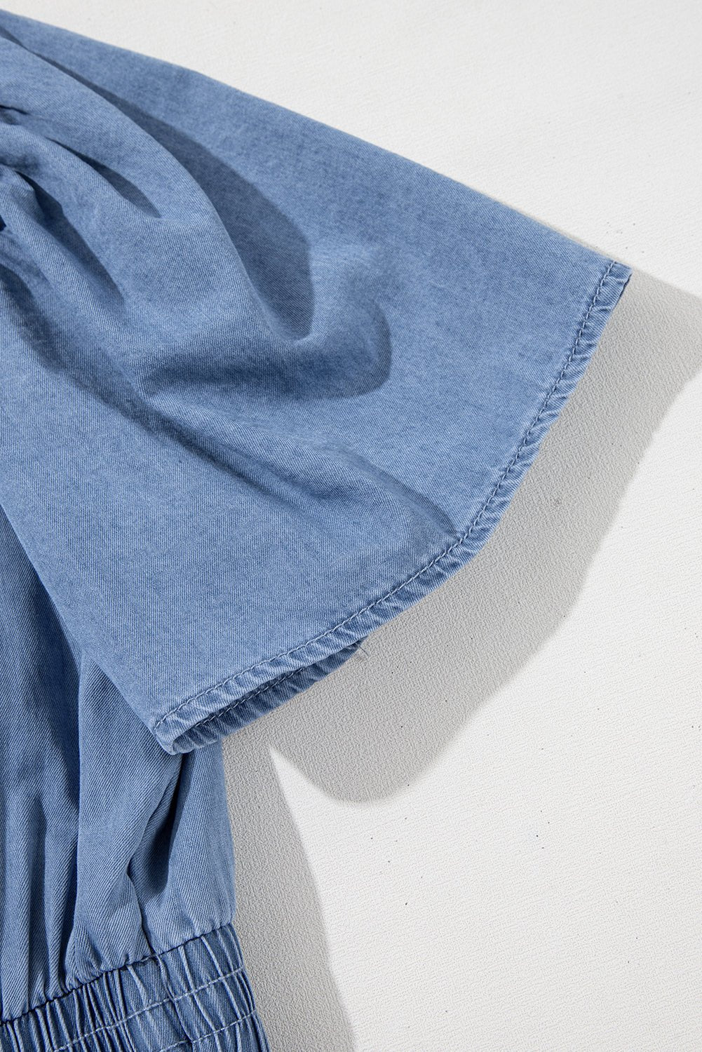 Ashleigh Blue Ruffle V Neck Smocked High Waist Denim Mini Dress - MAD RUFFI