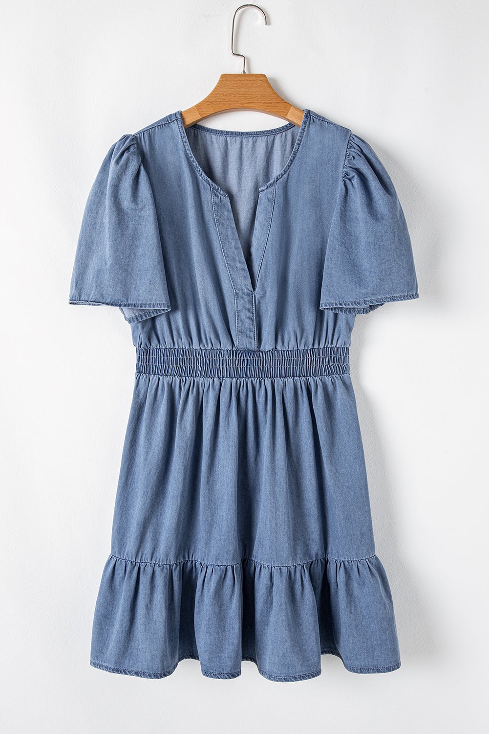 Ashleigh Blue Ruffle V Neck Smocked High Waist Denim Mini Dress - MAD RUFFI