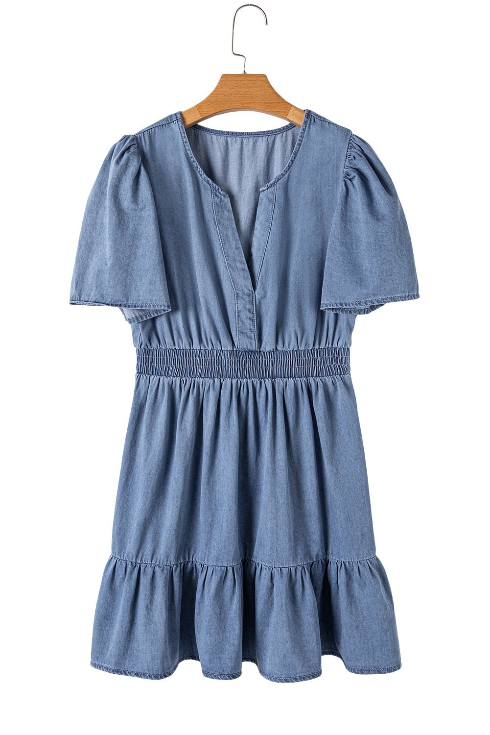 Ashleigh Blue Ruffle V Neck Smocked High Waist Denim Mini Dress - MAD RUFFI