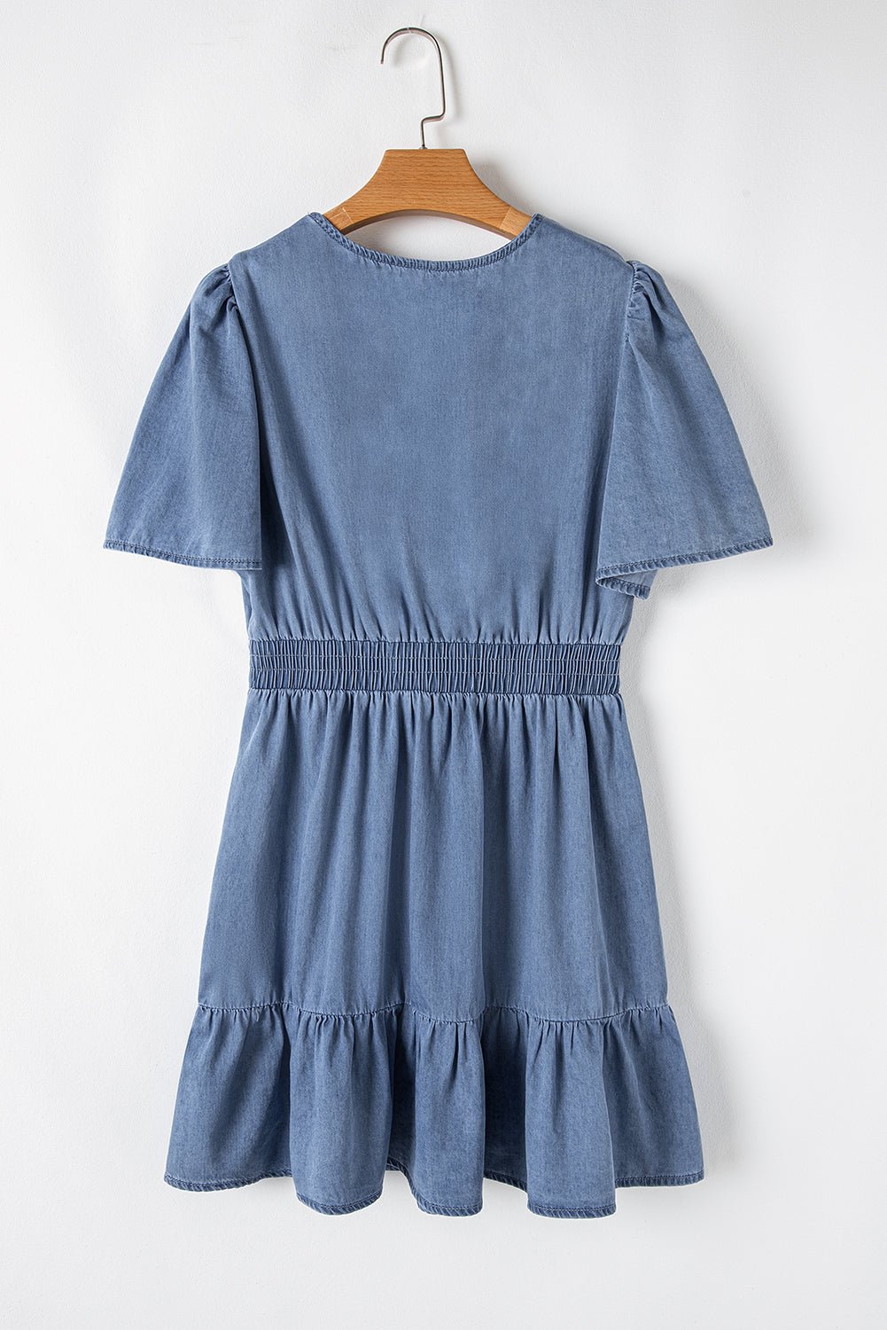 Ashleigh Blue Ruffle V Neck Smocked High Waist Denim Mini Dress - MAD RUFFI