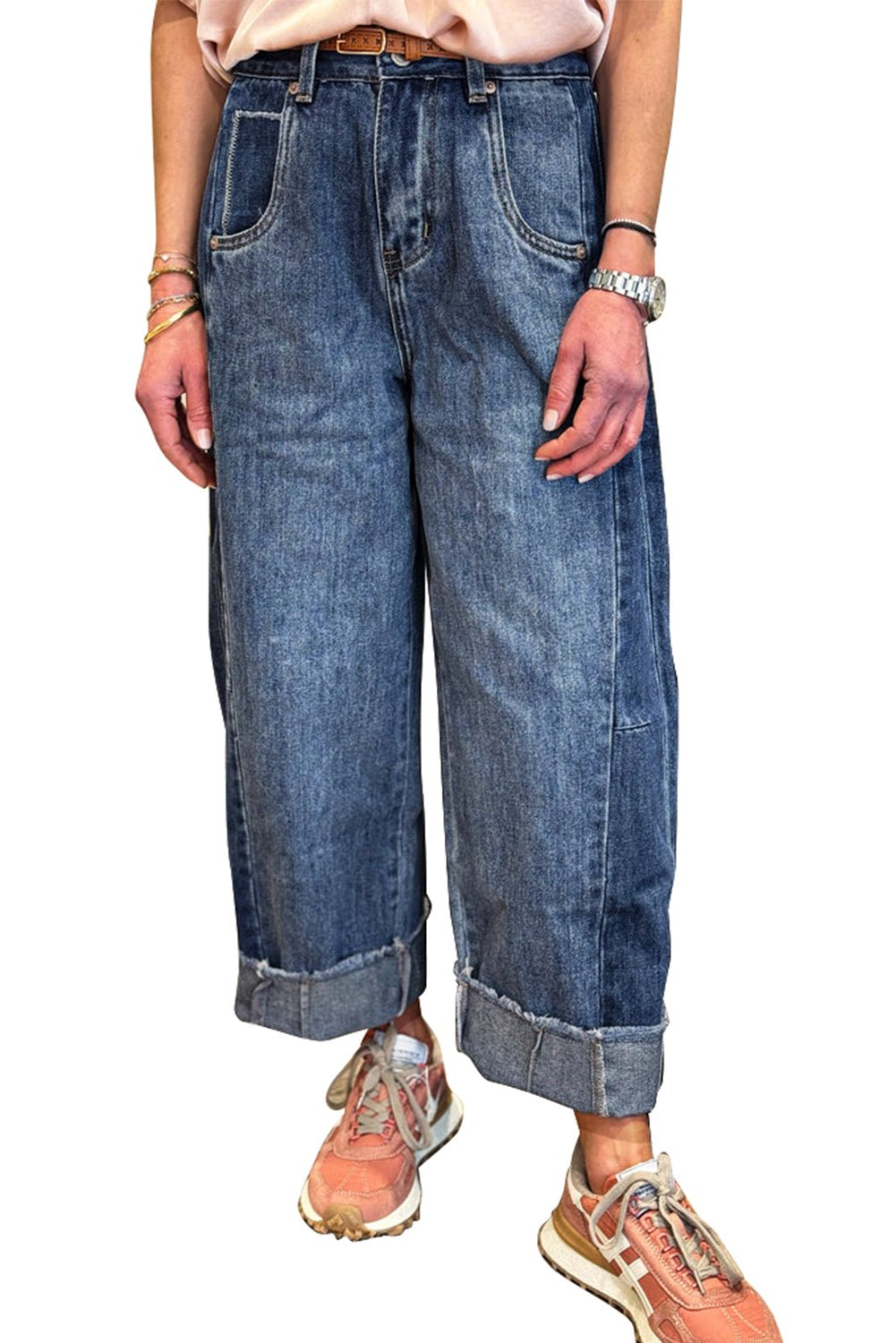 Ashleigh Blue Stitched Raw Hem Wide Leg Loose Jeans - MAD RUFFI