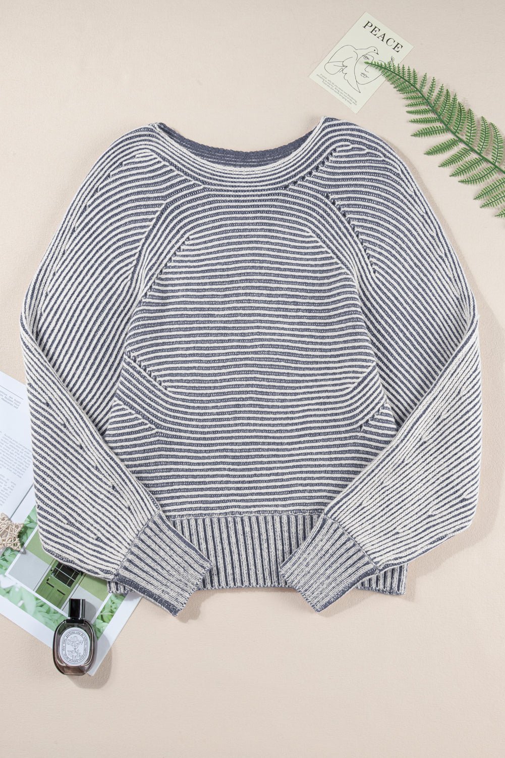 Ashleigh Blue Striped Print Ribbed Knit Raglan Sleeve Baggy Sweater - MAD RUFFI