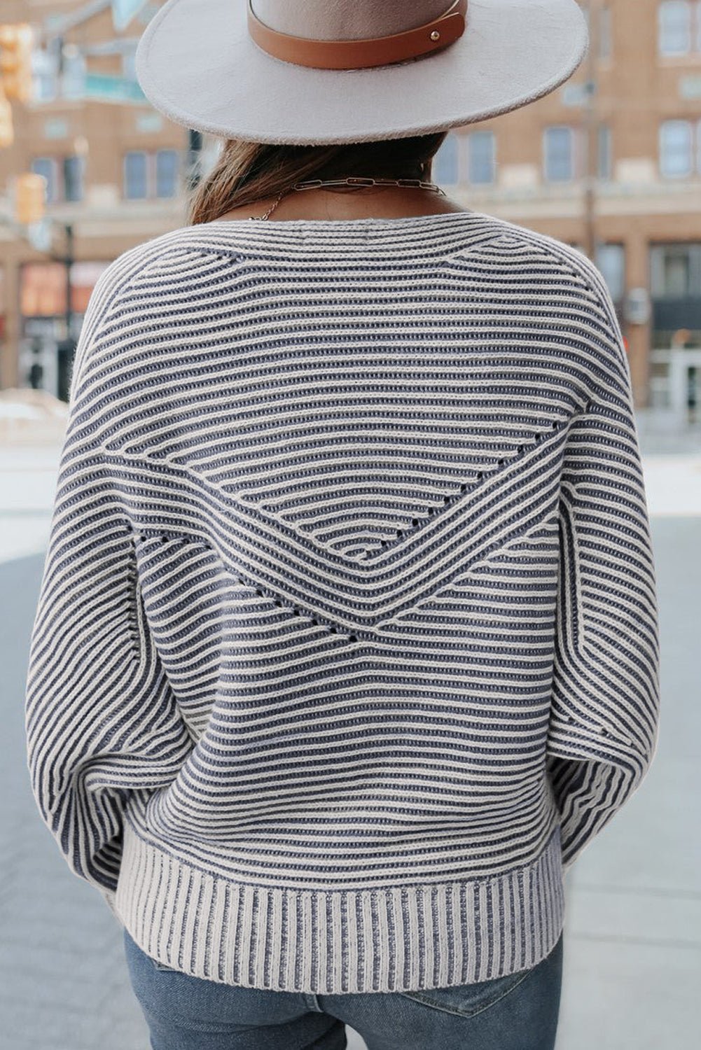 Ashleigh Blue Striped Print Ribbed Knit Raglan Sleeve Baggy Sweater - MAD RUFFI